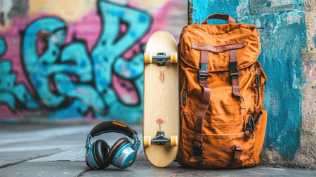 Skateboard leaned against a graffiti-covered wall next to a backpack and headphonesの素材