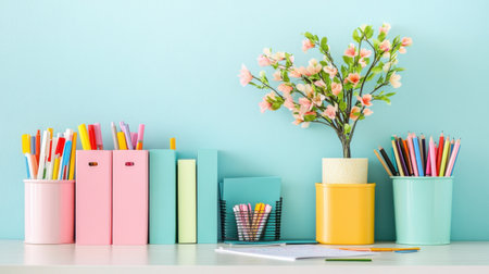Study corner with pastel desk organizers, open notes, and colored markersの素材