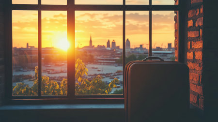 Suitcase beside a large window overlooking a city skyline at sunsetの素材