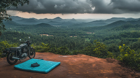 Travel duffel and sleeping mat next to a parked motorbike overlooking hillsの素材