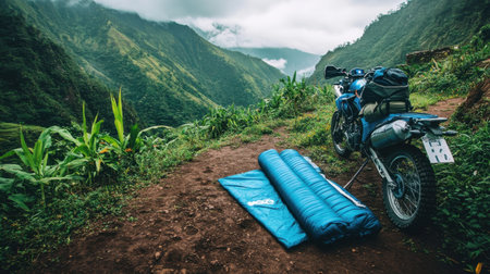 Travel duffel and sleeping mat next to a parked motorbike overlooking hillsの素材