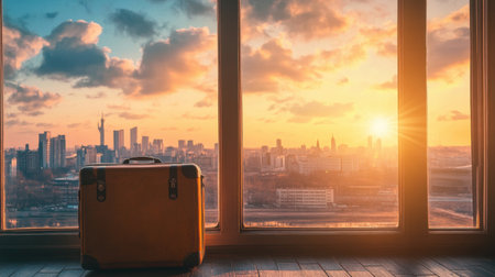 Suitcase beside a large window overlooking a city skyline at sunsetの素材