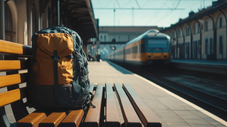 Stylish backpack resting on a wooden bench at a quiet train station platformの素材