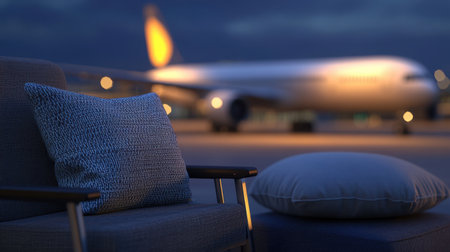 Stylish rolling luggage and travel pillow at a modern airport gate with blurred plane outsideの素材