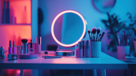 Teen makeup vanity with brushes, glosses, and a ring light on the sideの素材