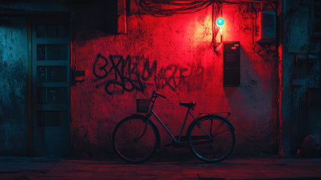 Trendy bicycle parked near a graffiti-covered wall in an urban alleyway with moody lightingの素材