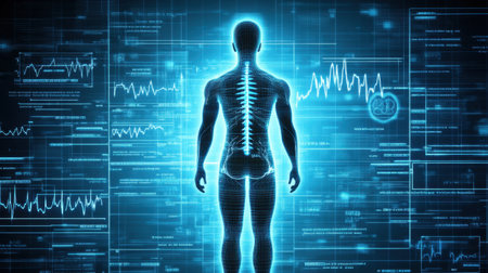 AI algorithm visualized as neural network analyzing digital health charts on glowing interfaceの素材