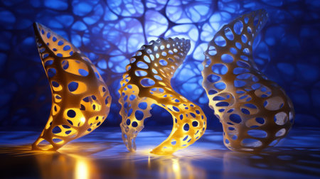 D printed biological structures in biotech lab setting, illuminated for research studyの素材