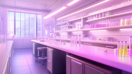 Clean biotech lab bench with pipettes and glassware used for genetic sequencing experimentsの素材