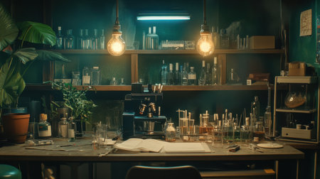 Clean biotech lab bench with pipettes and glassware used for genetic sequencing experimentsの素材