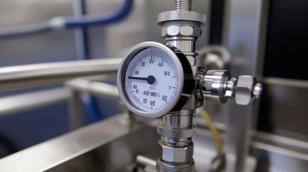 Close-up of oxygen flow meter and ventilator tubing in resting state on stainless steel standの素材