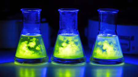 Close-up of laboratory glassware with glowing biotechnology samples inside under blue lightの素材
