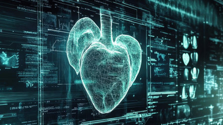 Close-up of high-tech medical monitor displaying heart rate and oxygen levels in clinical settingの素材