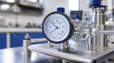 Close-up of oxygen flow meter and ventilator tubing in resting state on stainless steel standの素材