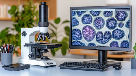Digital microscope capturing high-resolution cellular images on monitorの素材