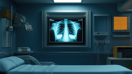 Digital X-ray displayed on backlit panel in modern radiology roomの素材