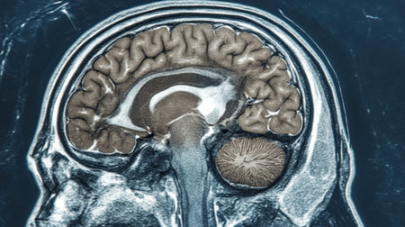 Digital brain scan showing AI-assisted anomaly detection in neurology diagnosticsの素材