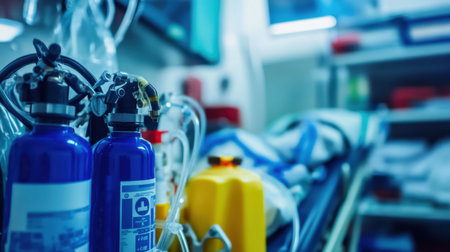 Emergency setup with ventilator, defibrillator, and oxygen supply on hospital trolleyの素材