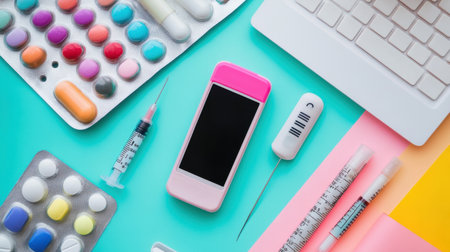 Flatlay of modern medical tools with digital thermometer, glucose meter, and portable ECG deviceの素材
