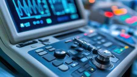 High-frequency ultrasound probe placed beside diagnostic screen and gelの素材