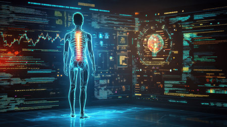 High-tech interface displaying AI-driven cancer prognosis based on genomic dataの素材