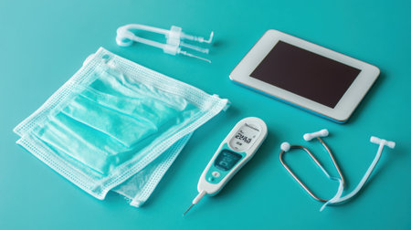 Home setup with digital thermometer and open telemedicine platform on tablet next to itの素材