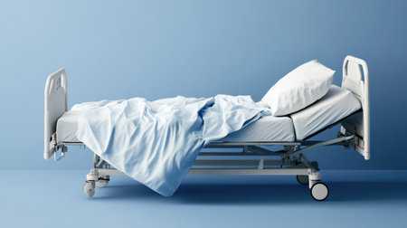 Hospital bed with adjustable rails, remote control, and clean linen setupの素材