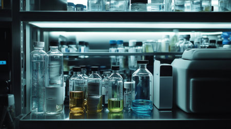 Laboratory shelves stocked with biotech supplies, chemicals, and vials for genetic researchの素材