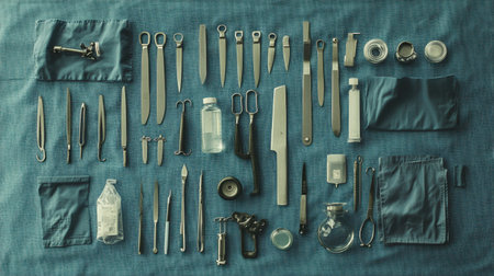 Laryngoscope and blades arranged neatly on sterile blue sheet in OR setupの素材