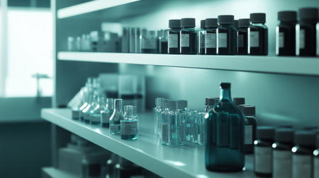 Laboratory shelves stocked with biotech supplies, chemicals, and vials for genetic researchの素材
