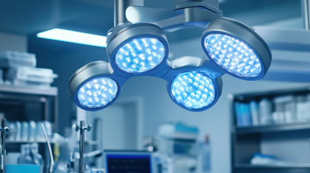 Overhead lighting system illuminating surgical robot prepared for useの素材
