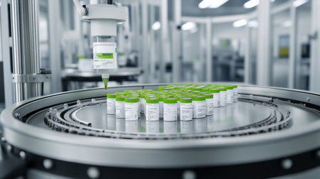 Pre-labeled sample vials scanned and sorted by automated testing machineの素材