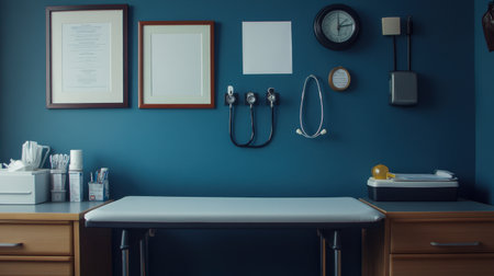 Otoscope and ophthalmoscope set mounted on clinic wall beside exam tableの素材