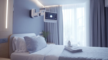 Portable X-ray machine with arm extended, ready for bedside imagingの素材