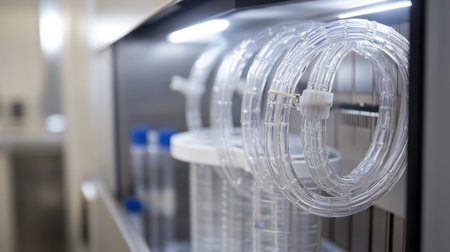 Side view of ventilator tube connections coiled neatly beside machine in sterile environmentの素材