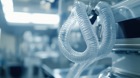 Side view of ventilator tube connections coiled neatly beside machine in sterile environmentの素材