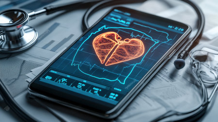 Smartphone with glowing health app open, displaying live metrics and virtual care alertsの素材