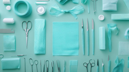 Surgical drapes, retractors, and scissors laid out for pre-op preparationの素材