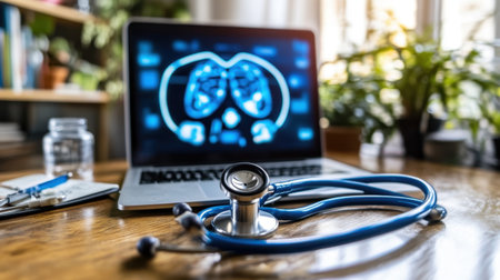 Wearable health tracker syncing with telemedicine portal displayed on laptop in backgroundの素材