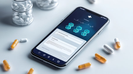 Telemedicine mobile app interface featuring digital prescription and patient notes in a sleek layoutの素材