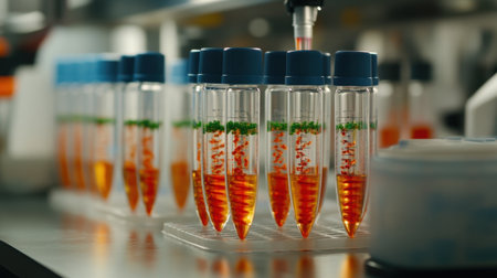 Test tubes and flasks filled with genetically engineered biological samples on lab counterの素材