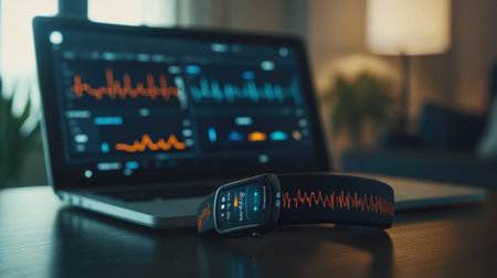 Wearable health tracker syncing with telemedicine portal displayed on laptop in backgroundの素材