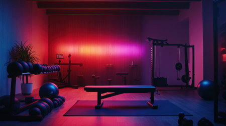 Ambient smart lighting in home gym changing colors with workout intensityの素材