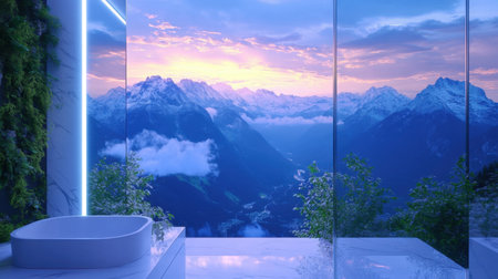 Bathroom mirror backlit with smart RGB lights, modern clean designの素材