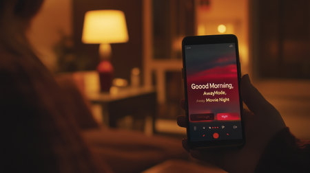 App interface with automation scenes like Good Morning, Away Mode, and Movie Night activeの素材