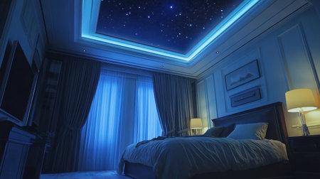 Bedroom ceiling with smart star projector casting customizable galaxy lightsの素材