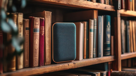 Bookshelf with stacked novels and small smart speaker in betweenの素材