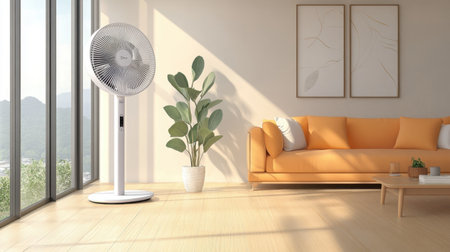 Climate-controlled room with sleek smart fan and thermostat combinationの素材