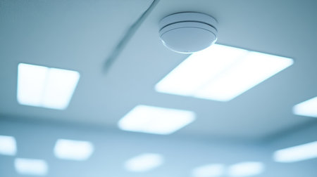 Close-up of ceiling-mounted motion detector in a clean modern officeの素材