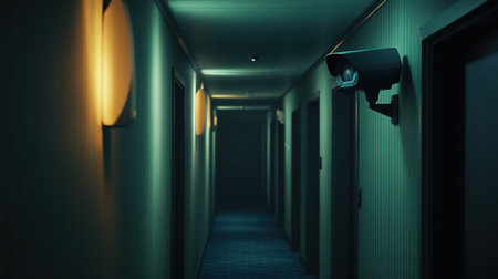 Clean hallway with motion-activated lights and a security camera mounted discreetly in the cornerの素材
